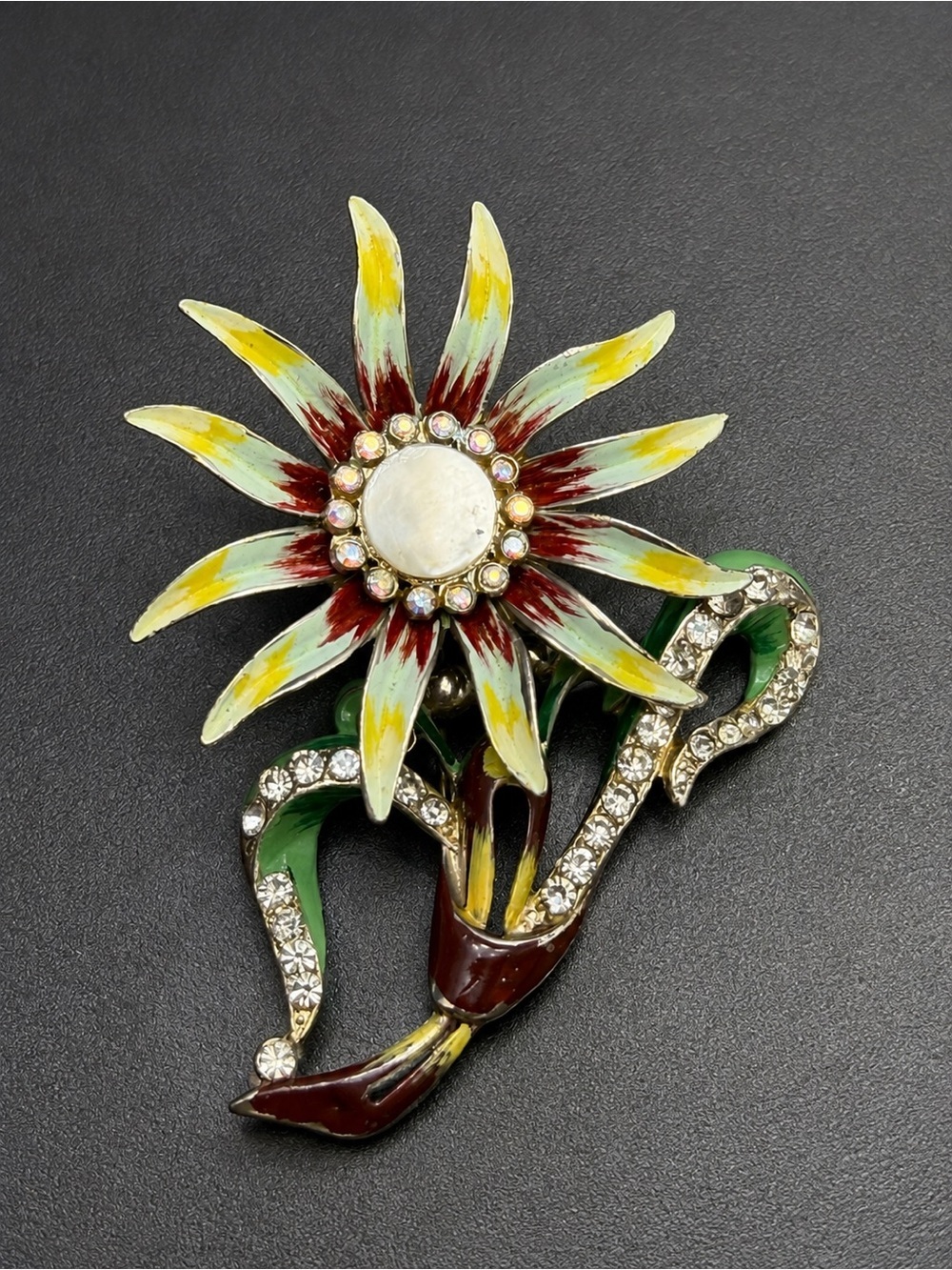 Vintage Cold  Enamel Flower Brooch - Yellow, Green, Maroon #cz163